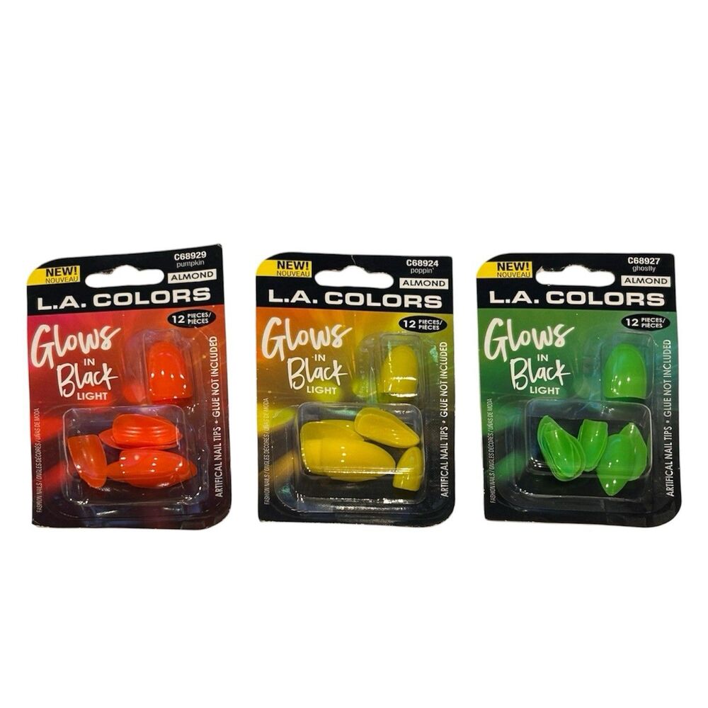 3x L.A. COLORS Glows In Black Light Artificial Nails 12ct Each Glue Not Included